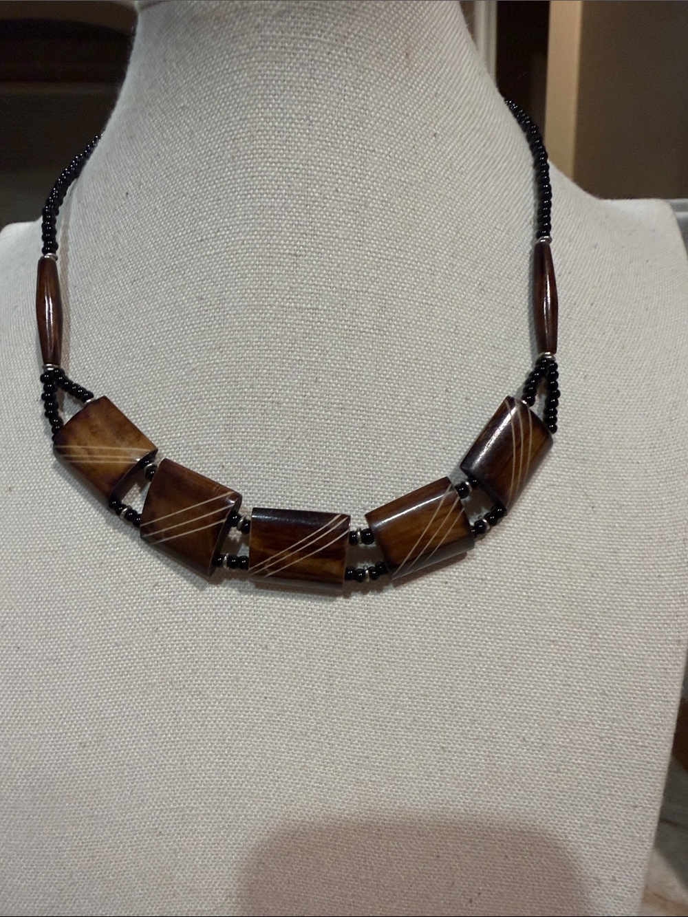 Handcrafted Brown Striped Bead and seed beads Necklace